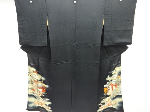 JAPANESE KIMONO / ANTIQUE TOMESODE / SILK / KINSHA / CARRIAGE & FLOWER